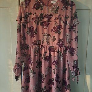 Loft Outlet Women's Dusty Rose Floral Tie Cuff Ruffle Trim Dress Sz 2